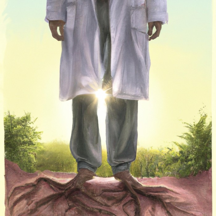 AI drawing of a doctor rooted in soil.