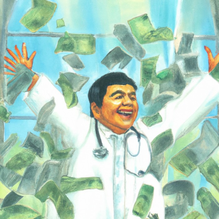 AI drawing of a doctor with money flying around him,