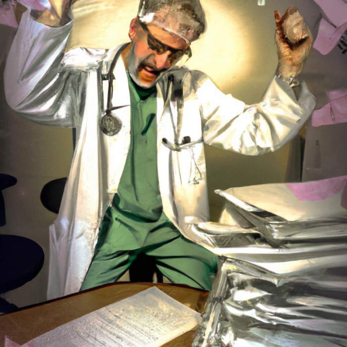 AI drawing of a doctor stressed in front of a desk with a stack of papers.