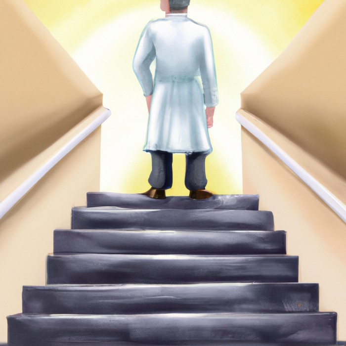 Doctor from the back on top of stairs.