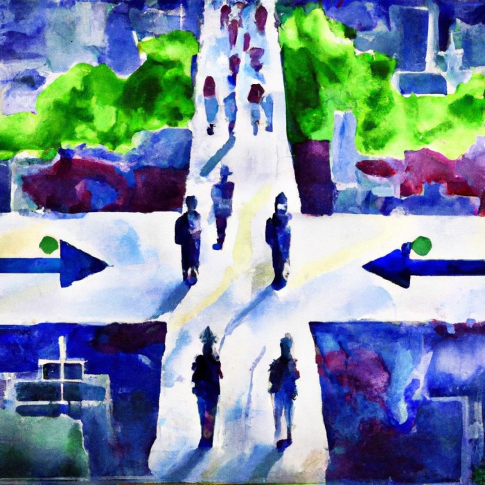 AI painting of a crossroad with people walking straight and arrows coming from the left and right side of the cross road.
