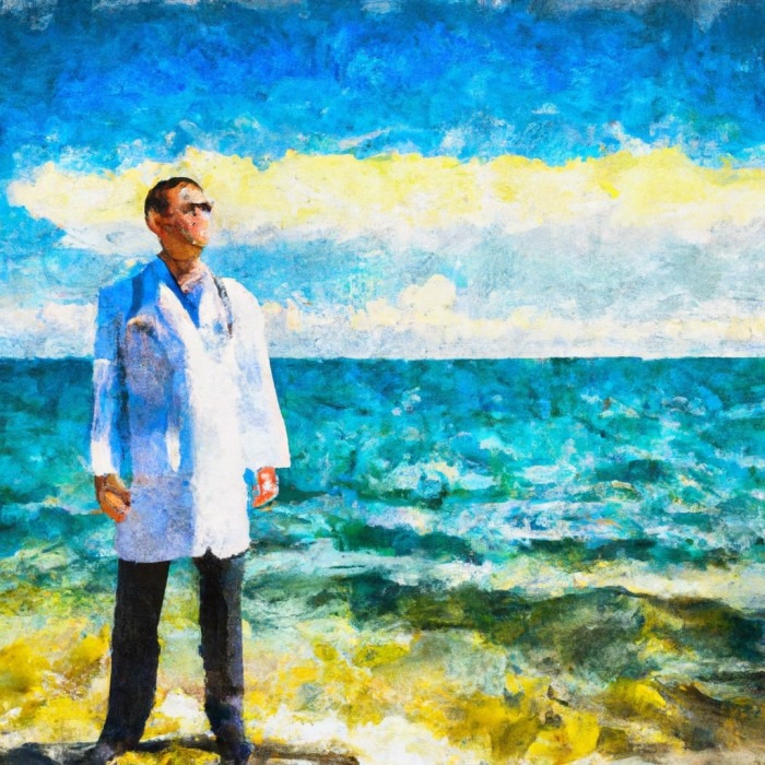 AI image of a doctor on a beach.