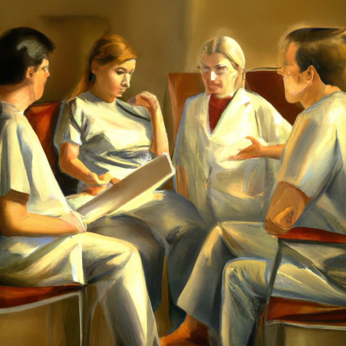 4 doctors sitting in a circle discussing.