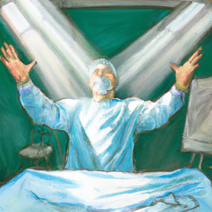 AI painting of a doctor with lights shining on him and arms up in scrubs.