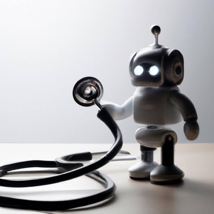 Small white robot with a stethoscope in hand.