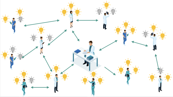 Illustration of a network made up of several doctors with arrows between them and lightbulbs above their head.