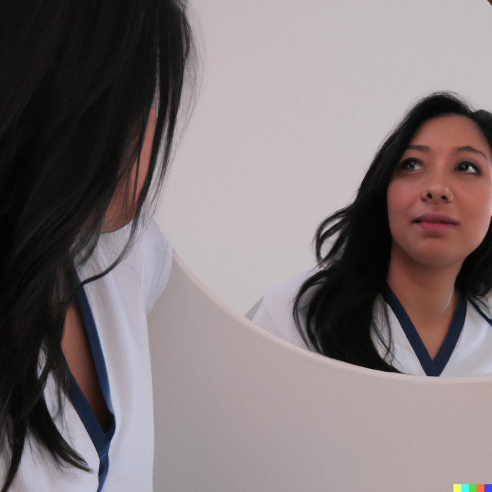 Woman looking at herself in a mirror.