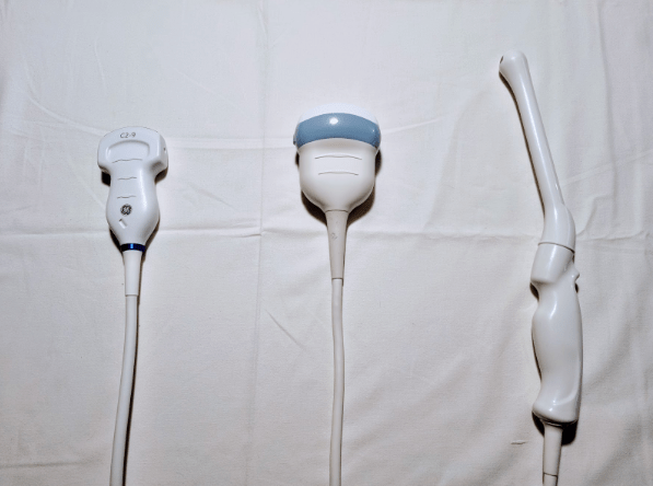 OB/GYN ultrasound, a curved array transducer, a 3D probe, and a transvaginal ultrasound probe